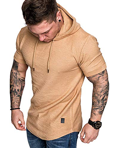 Mens Fashion Hoodies Sport Pullover Solid Color Shirt Workout Lightweight Tops Khaki XX