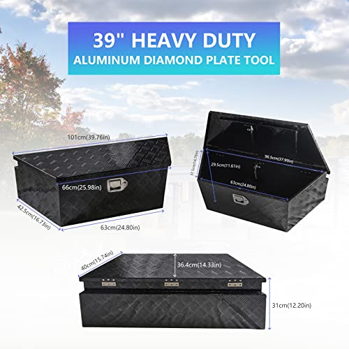 39" x 12" x 16.5" Trailer Tongue Tool Box Heavy Duty Aluminum Trailer Toolbox Organizer Truck Underbody Box with Latch and Keys Compatible with Pick Up Truck Bed RV Trailer ATV Black