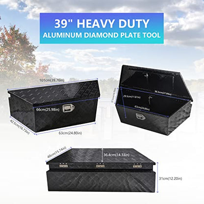 39" x 12" x 16.5" Trailer Tongue Tool Box Heavy Duty Aluminum Trailer Toolbox Organizer Truck Underbody Box with Latch and Keys Compatible with Pick Up Truck Bed RV Trailer ATV Black