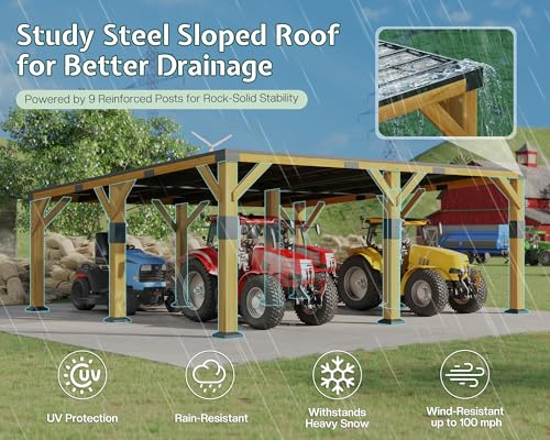 20x20x9.2 FT Heavy Duty Cedar Wood Carport for 2 Cars