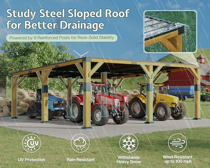20x20x9.2 FT Heavy Duty Cedar Wood Carport for 2 Cars