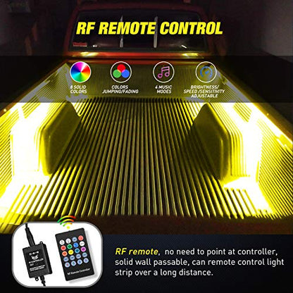 TL 31 2PCS 60Inch RGB Truck Bed Light Strip Kit 180 LED RF Remote Control with On Off Switch Blade Fuse 2Way Splitter Extension Cable for Cargo Pickup Truck SUV RV Boat