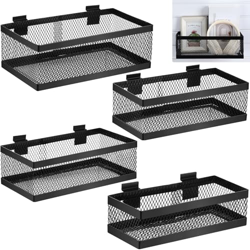 4 Pcs Black Slatwall Baskets 4 Size Metal Mesh Wire Basket for Slatwall Panels Ventilated Wall Mounted Hanging Accessories for Home Garage Retail Store Display (4 Count)