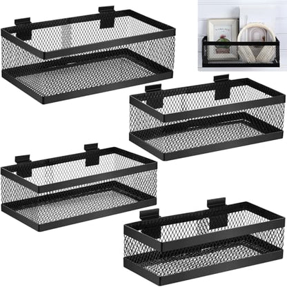4 Pcs Black Slatwall Baskets 4 Size Metal Mesh Wire Basket for Slatwall Panels Ventilated Wall Mounted Hanging Accessories for Home Garage Retail Store Display (4 Count)