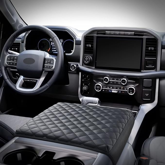 F150(2021-2025) Center Console Cover, Thick Armrest Cushion, Funda para consola de coche, Car Interior, Vegan Leather, Armrest Protector (2021~2025, Full Cover Black), F150 Accessories