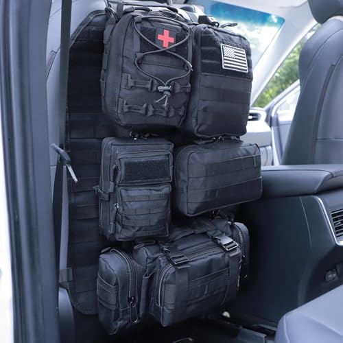 Universal Tactical Car Seat Back Organizer Bag Tactical Molle Vehicle Organizers Panel Vehicle Protector Organizers with 5 Detachable Pouches for Car Truck Ford Jeep