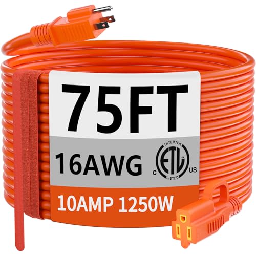 Indoor Outdoor Orange Extension Cord 75 FT Waterproof 16