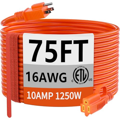 Indoor Outdoor Orange Extension Cord 75 FT Waterproof 16