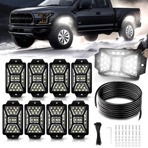 8 Pods 216 LEDs 6000K White Rock Lights with 32.8FT Extension Wire (8 Count)
