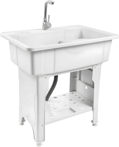 Freestanding Utility Sink Plastic Laundry Tub Sink with Storage Shelf Indoor Outdoor Slop Sink Wash Station for Bathroom Laundry Washing Room (White, 31.5 * 22.05 * 31.5in)