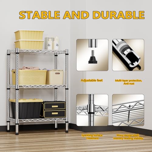 750 lbs 3 Tier Shelf Metal Storage Shelves Shelving Wire Rack Heavy Duty Closet Organizers for Garage Kitchen Bathroom Laundry Chrome 13.8" D x 23.6" W x 35.5" H (3 Count)