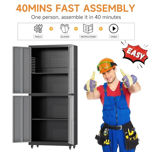 71" H Metal Tool Storage Cabinet with Lock and Wheels