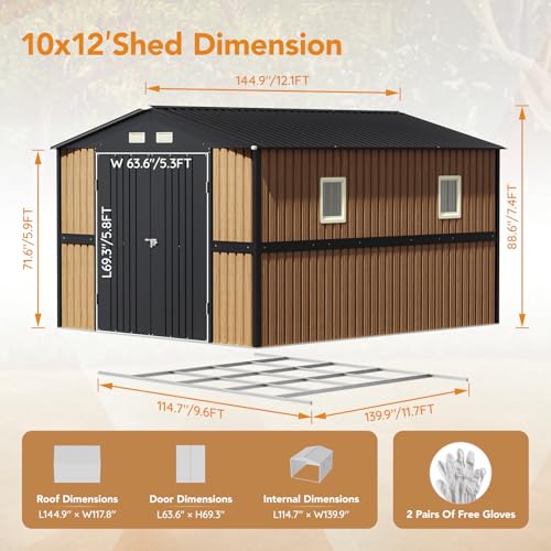 10X12 FT Outdoor Steel Storage Shed with Frame Floor