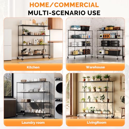 4 Tier Metal Storage Shelves 65''H Wire Shelving with Wheels for Storage Adjustable Heavy Duty Garage Shelving Storage Racks for Pantry Shelves Kitchen Office Garage