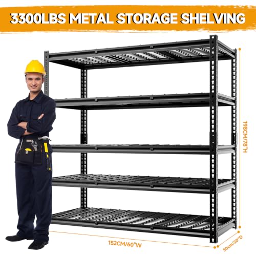 5 Tier 60”W x 20”D x 78”H Heavy Duty Metal Garage Shelving Units 3300LBS Metal Storage Rack Adjustable Industrial Storage Shelves 60 Inch Shelf