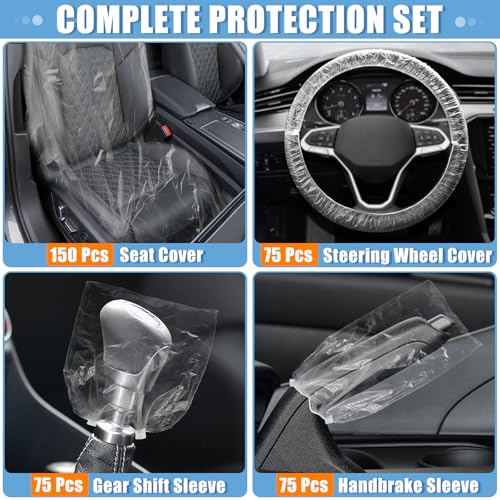 375 PCS Disposable Car Seat Covers Clear Plastic Vehicle Seat Protector Set with Steering Wheel (375 Count)
