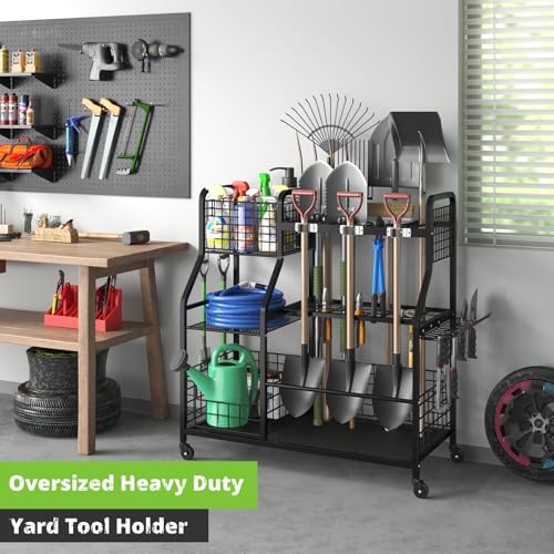 Garden Tool Holder Organizer with Heavy Duty Wheels for Garage