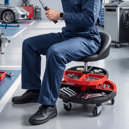 360° Rolling Mechanic Stool with 2 Tool Storage Trays