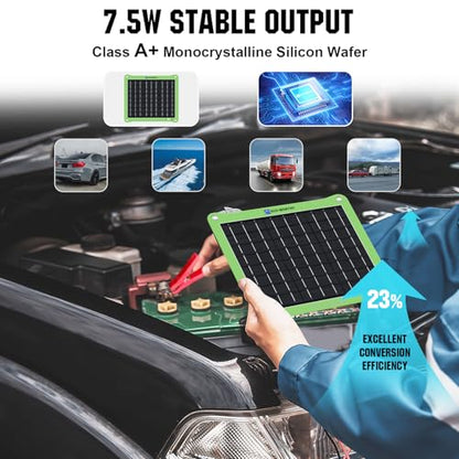 Upgrade 7.5W Solar Car Battery Charger Maintainer 12V Waterproof Solar Panel Portable Solar Trickle Charger for Car Truck Boat Lawn Mower RV Trailer Tractor Utility Vehicle Battery