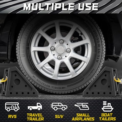 4 Pack Heavy Duty Wheel Chocks with 39" Rope & Dual Reflective Strips
