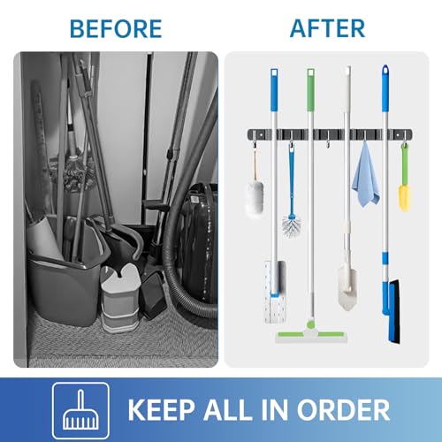 Wall Mount Broom Holder 4 Racks 5 Hooks Metal Tool Organizer Black