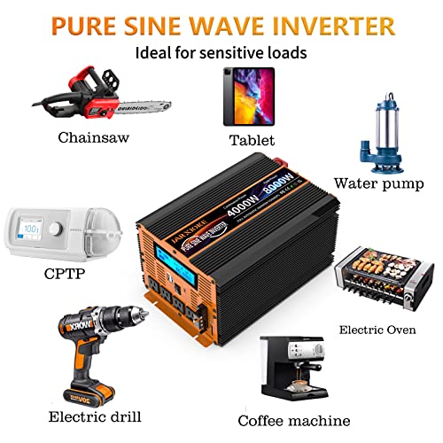 4000 Watt Pure Sine Wave Power Inverter 12V DC to 110V 120V Converter for Family RV Off Grid Solar System Car with Type