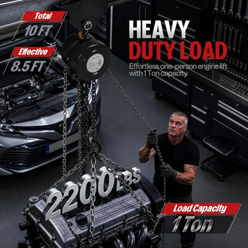 Hand Chain Hoist 1 Ton 2200 Lbs Capacity 10 Feet with 2 Hooks