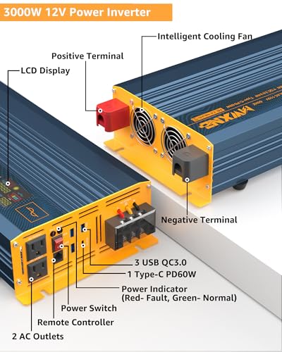 3000W Pure Sine Wave Power Inverter DC 12V to 110V 120V with Fast Charging Type