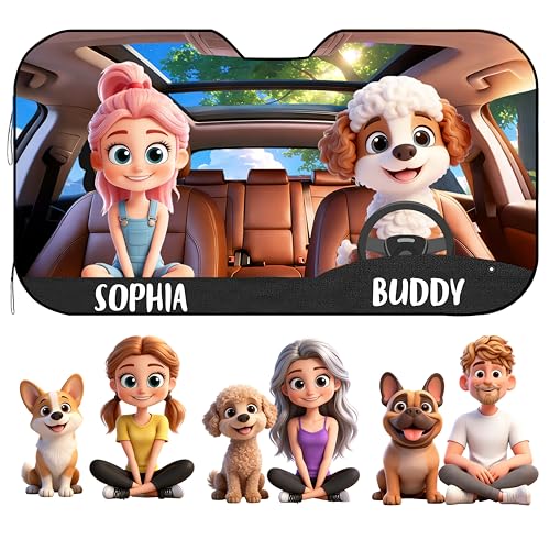 Custom Car Windshield Sun Shade with Custom Cartoon Dog and Driver Character Funny Gift for Drivers Pet Lovers Life is Better with My Dog Sun Visor for Cars