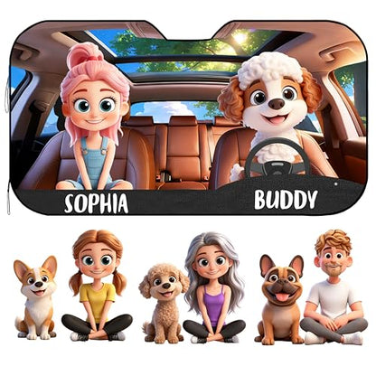 Custom Car Windshield Sun Shade with Custom Cartoon Dog and Driver Character Funny Gift for Drivers Pet Lovers Life is Better with My Dog Sun Visor for Cars