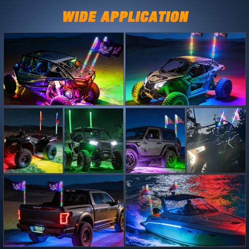 RGB LED Whip Light 2PCS 3FT with 4 Rock Lights Combo