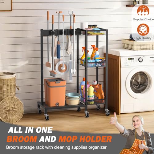 Broom Holder with Cleaning Supplies Organizer