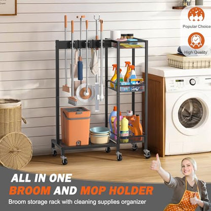 Broom Holder with Cleaning Supplies Organizer