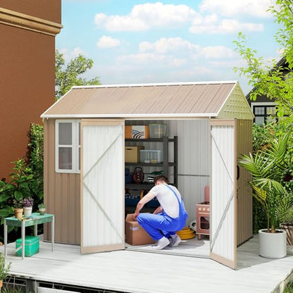 8' x 6' Outdoor Storage Shed Metal Garden Shed Window Brown