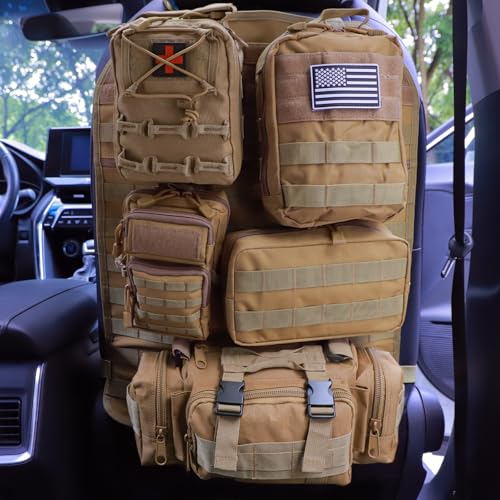 Universal Tactical Car Seat Back Organizer Bag Tactical Molle Vehicle Organizers Panel Vehicle Protector Organizers with 5 Detachable Pouches for Car Truck Ford Jeep