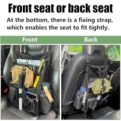 Front & Seat back organizer with dedicated tablet and 15.6 IN laptop storage stabilizers external stabilizing side straps soft adjustable shoulder straps hardened buckle