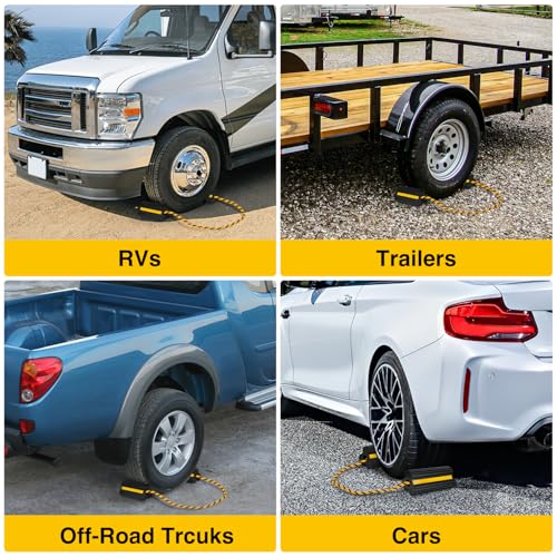Wheel Chocks Rubber Yellow Reflective Strips 4 Pack with Rope