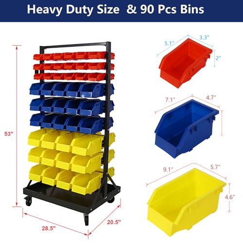 90 Parts Bin Rack Garage Storage Unit 9 Tiers System Steel Shelf with Portable Wheels