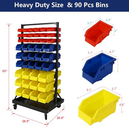 90 Parts Bin Rack Garage Storage Unit 9 Tiers System Steel Shelf with Portable Wheels