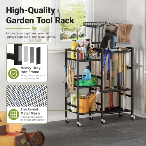 Garden Tool Organizer with 6 Industrial Wheels & Large Hooks