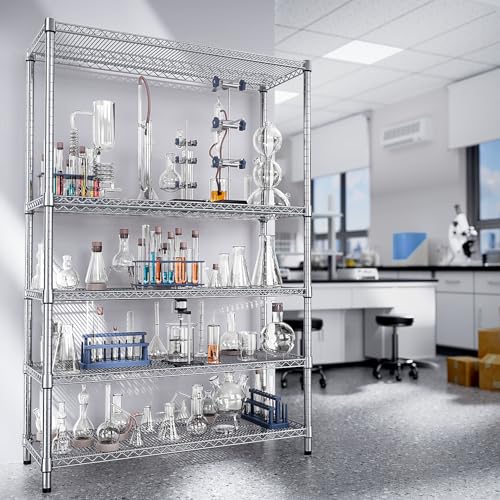 4250 LBS Garage Shelving Wide Storage Shelves 5 Tier Metal Shelves Heavy Duty Adjustable Utility Shelf Rack Chrome 17.7" D x 47.2" W x 70.4" H (5 Count)
