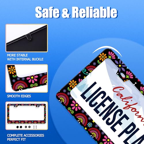 Folk Flowers License Plate Frame Stainless Steel Accessory 12.3x6.3 Inch