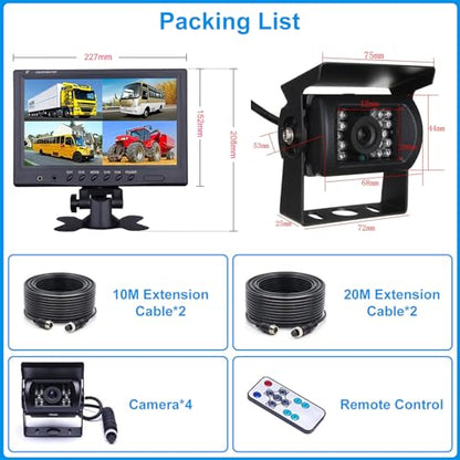 4 Channel Backup Camera System with 9 Inch Quad Split Screen Monitor