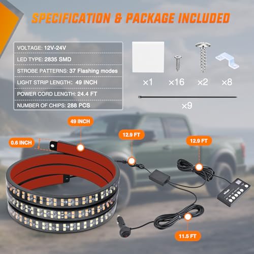 49 Inch Emergency Strobe Light Strips with Controller Amber White