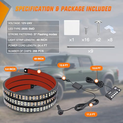 49 Inch Emergency Strobe Light Strips with Controller Amber White