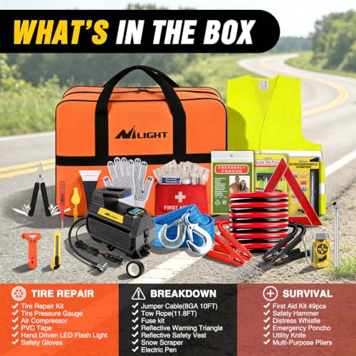 Car Roadside Emergency Kit with Jumper Cables Air Compressor