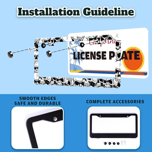 Black White Skull Skeleton License Plate Frame Stainless Steel 6 X 12 Inch