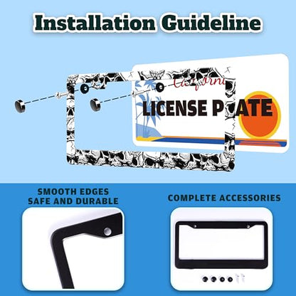 Black White Skull Skeleton License Plate Frame Stainless Steel 6 X 12 Inch