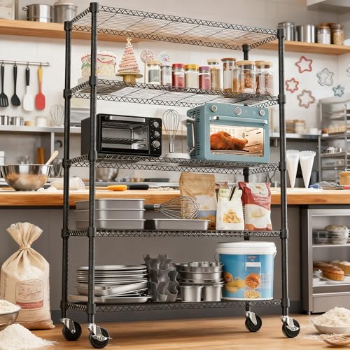 1750LBS 47.2" W 5 Tiers Storage Shelves Metal Shelving Unit with Wheels Heavy Duty Garage Shelving Adjustable Wire Shelves for Pantry