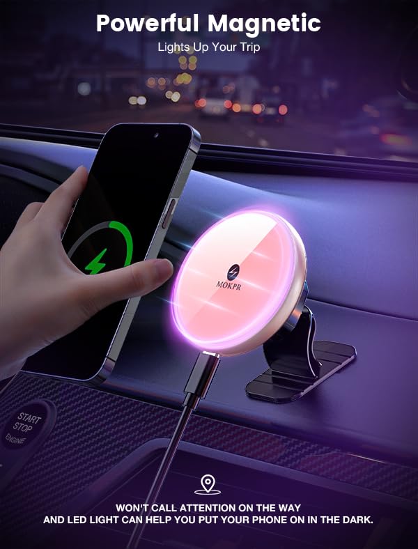 for Magsafe Car Mount Charger 15W LED RGB Car Phone Holder for Dash Vent